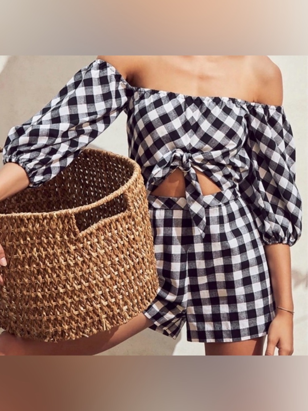 SAYLOR Black and White Gingham Off-Shoulder Romper